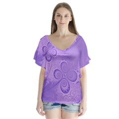 Purple Intricate Swirls Pattern V-neck Flutter Sleeve Top by SpinnyChairDesigns