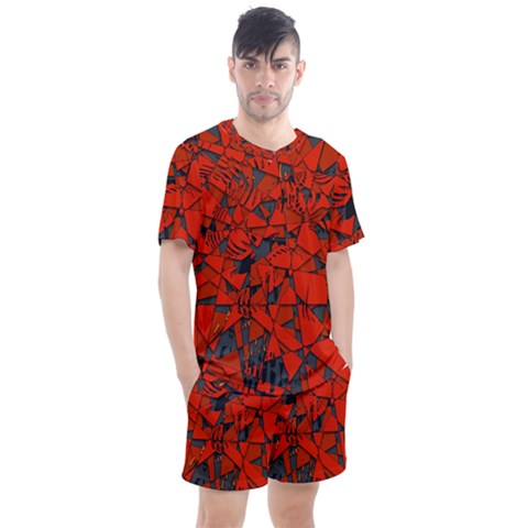 Red Grey Abstract Grunge Pattern Men s Mesh Tee And Shorts Set by SpinnyChairDesigns