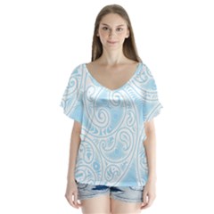 Light Blue And White Abstract Paisley V-neck Flutter Sleeve Top by SpinnyChairDesigns
