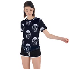 Black And White Skulls Asymmetrical Short Sleeve Sports Tee by SpinnyChairDesigns