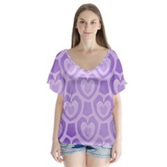 Purple Hearts Pattern V-neck Flutter Sleeve Top by SpinnyChairDesigns
