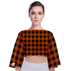 Orange Black Buffalo Plaid Tie Back Butterfly Sleeve Chiffon Top by SpinnyChairDesigns