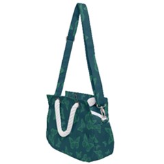 Midnight Green Butterflies Pattern Rope Handles Shoulder Strap Bag by SpinnyChairDesigns