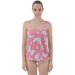 Pink And White Butterflies Twist Front Tankini Set by SpinnyChairDesigns