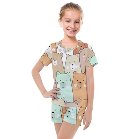 Colorful-baby-bear-cartoon-seamless-pattern Kids  Mesh Tee And Shorts Set by Sobalvarro