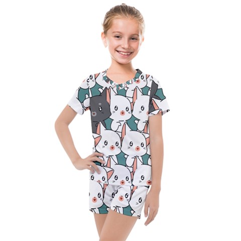 Seamless-cute-cat-pattern-vector Kids  Mesh Tee And Shorts Set by Sobalvarro