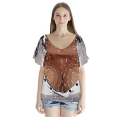 Sexy Boobs Breast Cleavage Woman V-neck Flutter Sleeve Top by HermanTelo