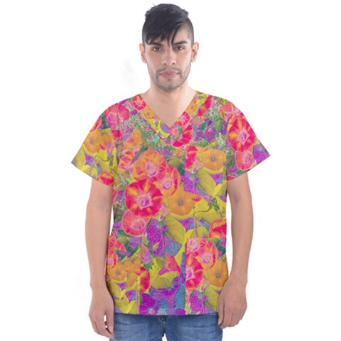 Red Liana Flower Men s V-neck Scrub Top by DinkovaArt
