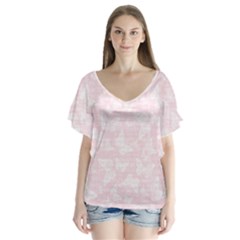 Ballet Pink White Color Butterflies Batik  V-neck Flutter Sleeve Top by SpinnyChairDesigns