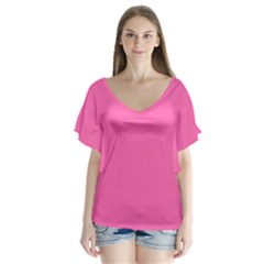 Hot Hollywood Pink Color V-neck Flutter Sleeve Top by SpinnyChairDesigns