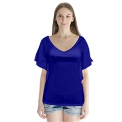 True Navy Blue Color V-neck Flutter Sleeve Top by SpinnyChairDesigns