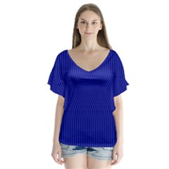 Cobalt Blue Color Stripes V-neck Flutter Sleeve Top by SpinnyChairDesigns