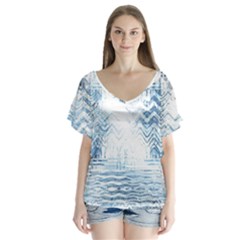 Boho Faded Blue Denim White Batik V-neck Flutter Sleeve Top by SpinnyChairDesigns