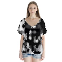 Black And White Jigsaw Puzzle Pattern V-neck Flutter Sleeve Top by SpinnyChairDesigns