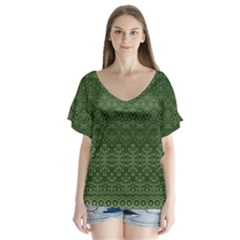 Boho Fern Green Pattern V-neck Flutter Sleeve Top by SpinnyChairDesigns