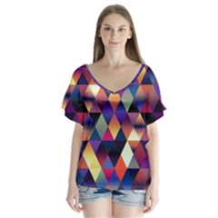 Colorful Geometric  V-neck Flutter Sleeve Top by SpinnyChairDesigns