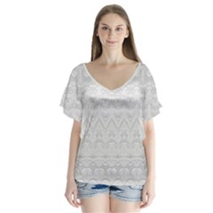 Boho White Wedding Lace Pattern V-neck Flutter Sleeve Top by SpinnyChairDesigns