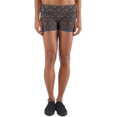 Boho Blue Gold Pattern Yoga Shorts by SpinnyChairDesigns
