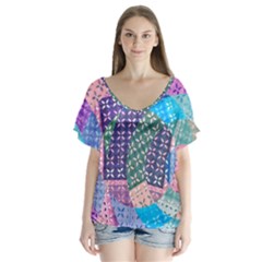 Boho Patchwork V-neck Flutter Sleeve Top by SpinnyChairDesigns
