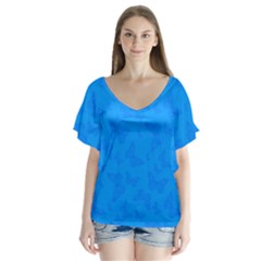 Cornflower Blue Butterfly Print V-neck Flutter Sleeve Top by SpinnyChairDesigns
