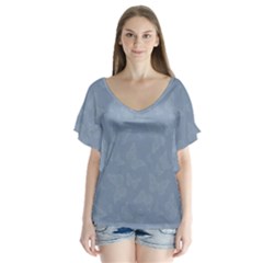 Faded Blue Butterfly Print V-neck Flutter Sleeve Top by SpinnyChairDesigns