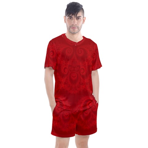 Red Spirals Men s Mesh Tee And Shorts Set by SpinnyChairDesigns