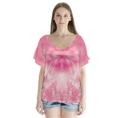 Pink Floral Pattern V-neck Flutter Sleeve Top by SpinnyChairDesigns