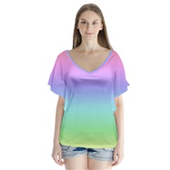 Pastel Rainbow Ombre Gradient V-neck Flutter Sleeve Top by SpinnyChairDesigns