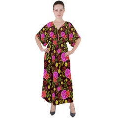 Background Rose Wallpaper V-neck Boho Style Maxi Dress by HermanTelo