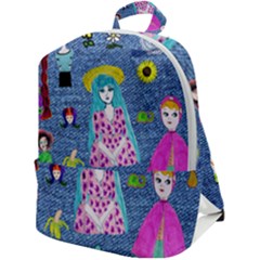 Blue Denim And Drawings Zip Up Backpack by snowwhitegirl