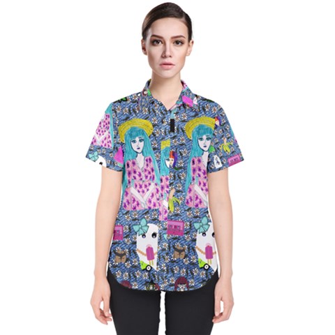 Blue Denim And Drawings Daisies Women s Short Sleeve Shirt by snowwhitegirl