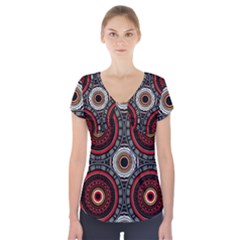Tribal Aztec Mandala Art Short Sleeve Front Detail Top by tmsartbazaar