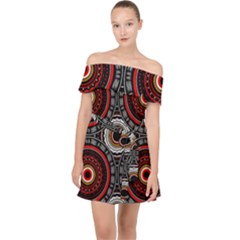 Tribal Aztec Mandala Art Off Shoulder Chiffon Dress by tmsartbazaar
