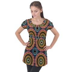 Aztec Multicolor Mandala Puff Sleeve Tunic Top by tmsartbazaar