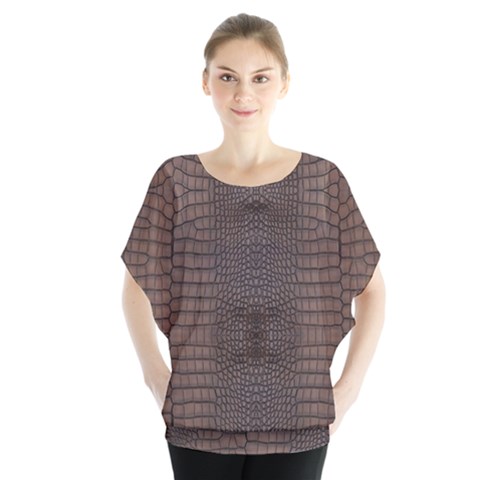 Brown Alligator Leather Skin Batwing Chiffon Blouse by LoolyElzayat
