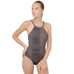 Brown Alligator Leather Skin High Neck One Piece Swimsuit by LoolyElzayat