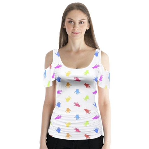Multicolored Hands Silhouette Motif Design Butterfly Sleeve Cutout Tee  by dflcprintsclothing