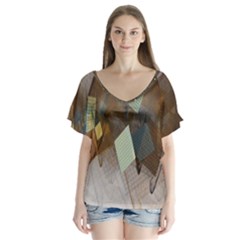 Digital Geometry V-neck Flutter Sleeve Top by Sparkle