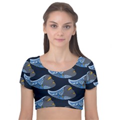 Queen Fish Doodle Art Velvet Short Sleeve Crop Top  by tmsartbazaar