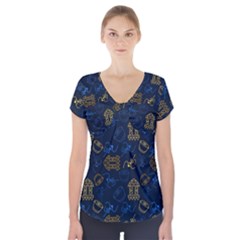 Tribal Festive Folk Pattern Short Sleeve Front Detail Top by tmsartbazaar