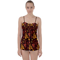 Yellow Green Orange Leaf Pattern Babydoll Tankini Set by designsbymallika