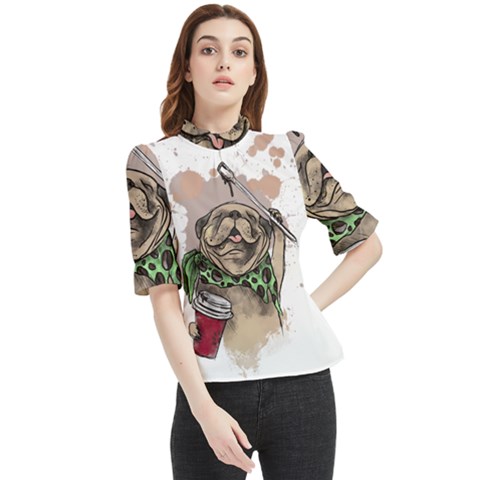 Pug Lover Coffee Frill Neck Blouse by EvgeniaEsenina