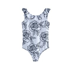 Line Art Black And White Rose Kids  Frill Swimsuit by MintanArt