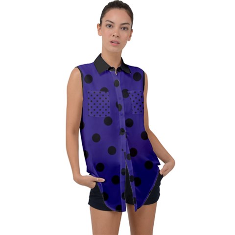 Large Black Polka Dots On Berry Blue - Sleeveless Chiffon Button Shirt by FashionLane