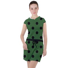 Large Black Polka Dots On Basil Green - Drawstring Hooded Dress by FashionLane
