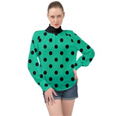Large Black Polka Dots On Caribbean Green - High Neck Long Sleeve Chiffon Top by FashionLane