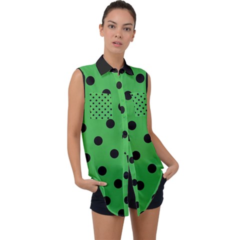 Large Black Polka Dots On Just Green - Sleeveless Chiffon Button Shirt by FashionLane