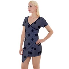 Large Black Polka Dots On Anchor Grey - Short Sleeve Asymmetric Mini Dress by FashionLane