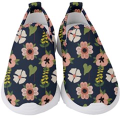 Flower White Grey Pattern Floral Kids  Slip On Sneakers by Dutashop