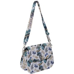 Blue Metallic Leaves Pattern Saddle Handbag by designsbymallika